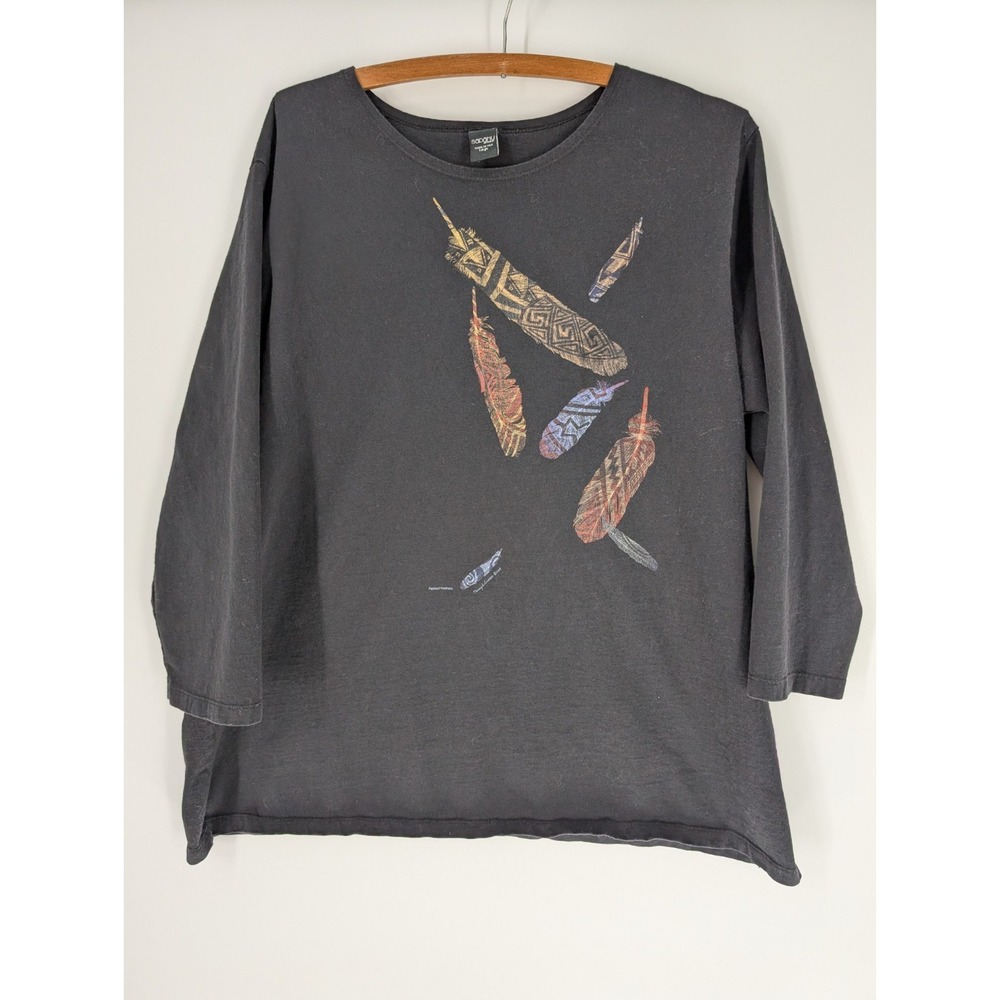 Sabaku Woman Black 100% Cotton Feather Scoop Neck 3/4 Sleeve T-Shirt Size L